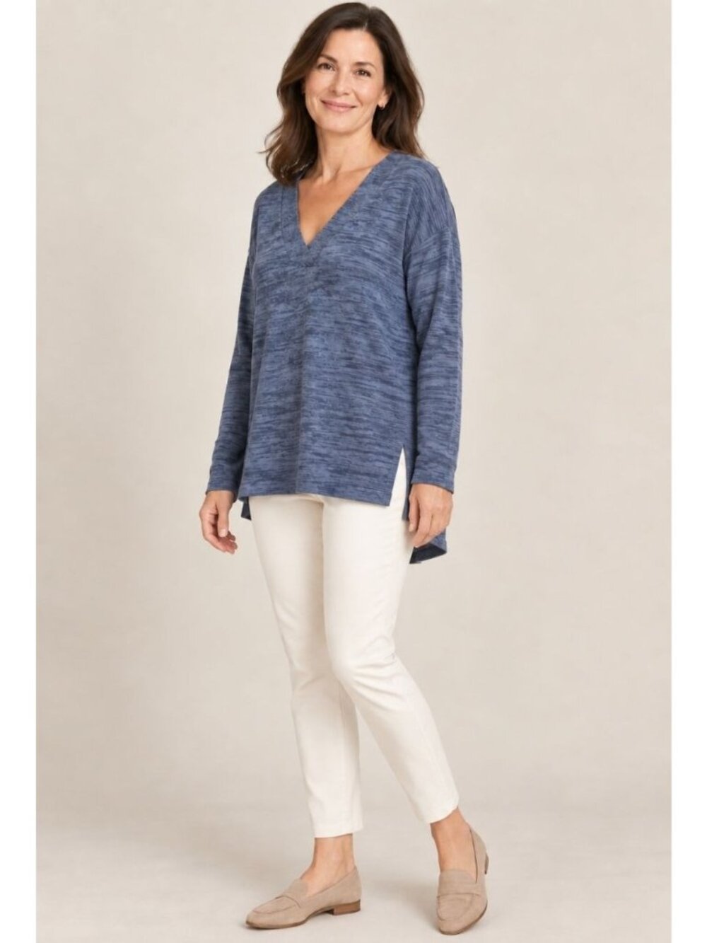 Vtg J Jill Heathered Sweater Knit Tunic Top Deep V-Neck Hi Lo Lavender Size M